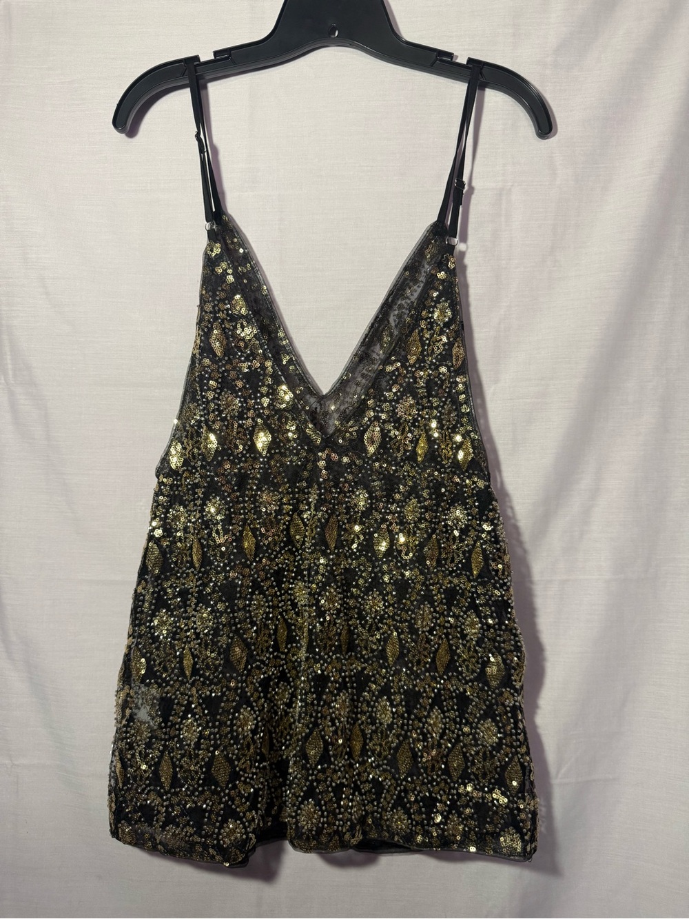 SHEIN Black Gold Sequin Beaded Deep V Mini Dress Size S
